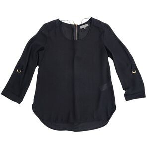Apology London Black Top Blouse Back Gold Zip High-low Roll-tab Sleeve Size S